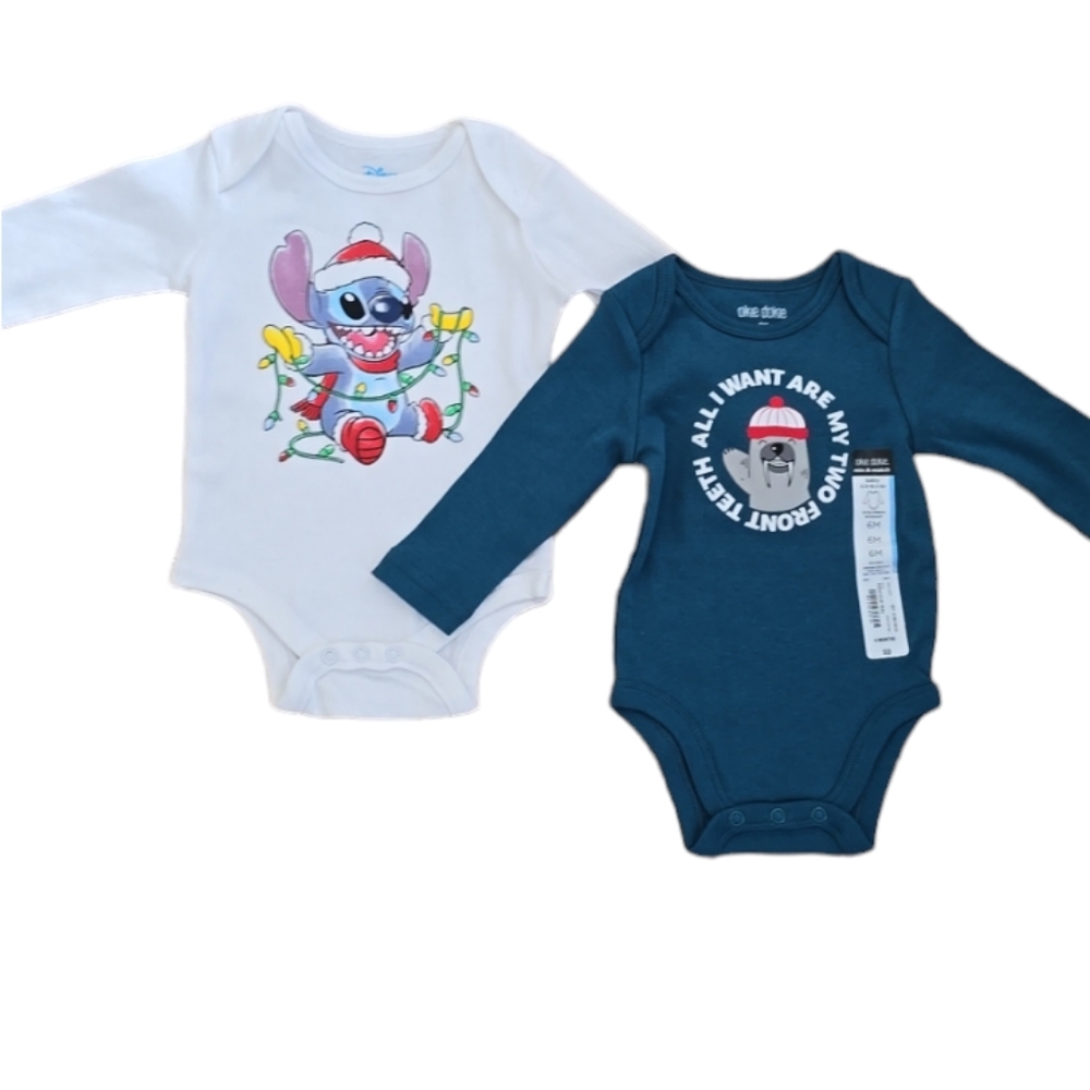 OKIE DOKIE & DISNEY LONG SLEEVE BABY HOLIDAY ONESIES/TEE BOTH SIZE 6 MONTHS